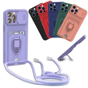 Slide Camera Lens Schutzring Ständer Handyhülle für Samsung Galaxy S23 S22 Ultra S20 S21 FE S22 S23 Plus A23 A33 A14 A34 A54 mit Kartensteckplatz Lanyard Strap