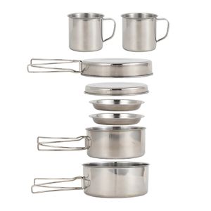 Camp Kitchen 8-teiliges Camping-Kochgeschirr-Set, tragbar, leicht, Edelstahl, Kochtopf, Pfannen-Set mit Tellern, Tassen für Picknick, Wandern im Freien, 231204