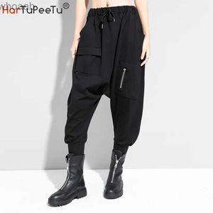 Calças masculinas preto harem calças mulheres outono inverno 2022 botas calças cintura elástica poliéster algodão solto gota virilha hip hop streetwear yq231204