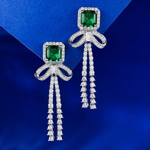 Bowknot Emerald Diamond Songle Küpe% 100 Gerçek 925 Sterlling Gümüş Düğün Damla Küpe Kadınlar Gelin Nişan Takı
