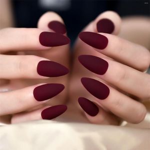 False Nails Matte Dark Red Press On Nail Almond Medium Reusable Acrylic Art Tips Fake Fingernails Faux Ongles