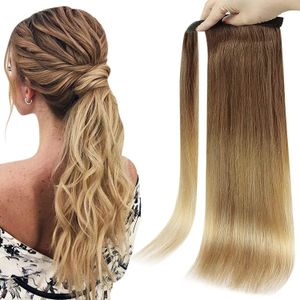 Syntetyczne peruki pełne połysk kucyka ludzkie włosy 70G/80G Lerby Brąz Brown Fading to Golden Blonde Remy Hair S Human Hair Ponytail 231204