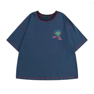 Kvinnors T-skjortor Högkvalitativ Loose Cotton T-shirt för kvinnor Original nisch Harajuku Summer Blue Tee Tops Ladies Tshirts Letters Cartoon