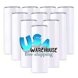 USA CA Kostenloser Versand Double Wall Sublimation Blank Cup 20 oz Skinny Sublimation Cup Straight Wall mit Kunststoffstrohhalm und Deckel