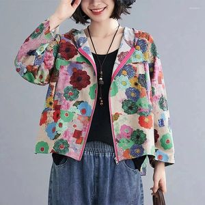 女性用ジャケット女性コットンリネンカジュアル到着2023秋のヴィンテージスタイル花柄の花柄のゆるい女性フード付きアウターコート