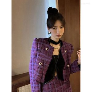 Jaquetas femininas vintage cortada tweed jaqueta feminina elegante xadrez blazers streetwear coreano curto terno casaco casual todo o jogo chique outerwear