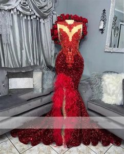Sparkly Red Diamonds Long Prom Dresses 2024 GlitterCrystal Beading Rhinestones Sequins Feathers Birthday Party Dress