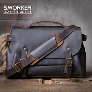 Aktentaschen S.WORKER Vintage Echtes Rindsleder Herren Aktentasche Laptop Messenger Bag Crazy Horse Leder Handtasche Retro Prägnanter Stil 231204