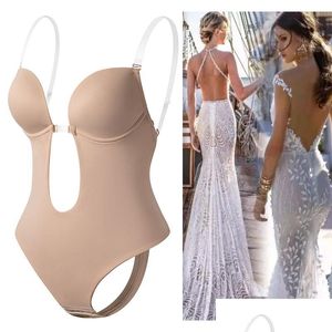 Bel karın şekillendirici görünmez sütyen bodysuit korse arkasız derin vneck u dalma tanga eğitmeni temiz kayış yastıklı push yukarı shapewear dro dhnqg