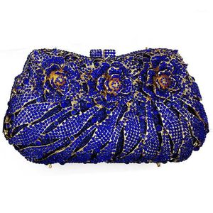 Ouro metal noite embreagem azul cristal bolsa feminina floral saco de telefone senhoras strass diamante mini garras femininas bags1219z