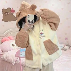 Damen Jacken Mäntel Frauen Japanische Fleece Oberbekleidung Preppy Style Lammwolle Kapuzen Y2k Sweatshirts Kontrastfarbe Kawaii Bärendruck