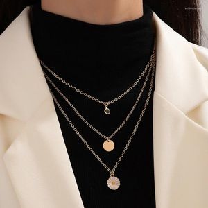 Hänge halsband Bohemian Daisy Flower Multi Layered Necklace Women Geometric Oil Droping Circular Plate 3/PCS CLAVICLE