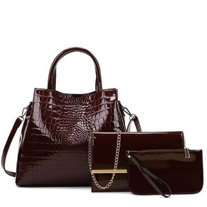 Kvällspåsar Bourgogne Patent Leather Handbag Women Bag Big Capacity Lady Office Purse Messegner Crossbody Shoulder Set 3 PCS268X