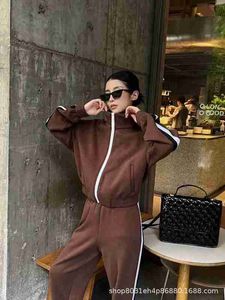 Women's Two Piece Pants Designer Brand 2023 Street Sports Stand Up Collar Long Sleeved Embroidered Zipper Hoodie Coat+elastic Waist Wide Leg Set MRYT