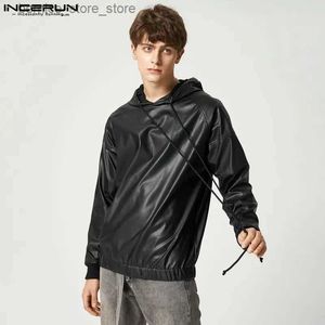 Erkek Hoodies Sweatshirts Erkekler Sweatshirts DOĞRU RENK PU DERİ KAPOLLUĞU Uzun Kollu Moda Sokak Giyim 2023 Punk Men Pullover S-5XL Q231204