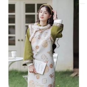 Roupas étnicas 2023 Autumn Winter Women Cheongsam Set Dress Dress Chinese China National Style Suit Tradição Vintage Qipao Elegante