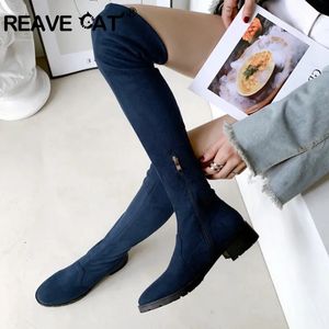 Boots REAVE CAT Autumn Winter Over Knee High Fur Fashion Shoes Woman 4cm Heels Soft Flock Stretch Zip Botas Big 43 231204