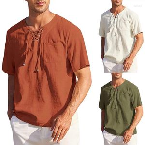 Camisas casuais masculinas de algodão linho rendas camisa de manga curta homens blusas havaianas cor sólida moda streetwear roupas de verão