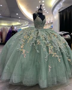 Shinning Applique Spaghetti Light Green Quinceanera Dresses 2024 볼 가운 달콤한 16 드레스 vestidos de 15 anos 코르셋 스타일