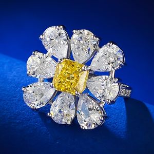 Flor topázio anel de diamante 100% real 925 prata esterlina festa casamento banda anéis para mulheres nupcial promessa noivado jóias