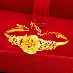 Bangle Real 24k Gold Color Sand Gold Empty Three Flower Armband For Women Brud Engagement Birthday Wedding 999 Bangles smycken gåvor 231204