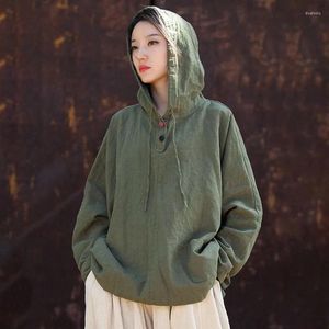 Women's T Shirts QPFJQD Female Retro Hooded Linen Tees Long Sleeve Loose T-Shirt 2023 Autumn Spring Women Button Vintage TShirts Solid Color