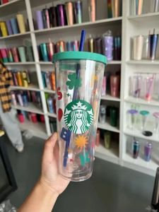 New Mermaid Goddess Starbucks 24oz/710ml Double Wall Plastic Tumblers Reusable Clear Drinking Car Mugs Flat Bottom Gradient Colors Water Cups With Lid Straw 1204