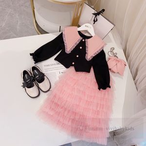 Lady style girls clothes sets kids ruffle lapel single breasted long sleeve shirt with tiered lace falbala cake skirt 2pcs children princess outfits Z5765