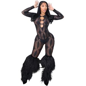 Designer Sexy Hollow Out Jumpsuits Women Bodycon Backless Rompers Solid Black Long Sleeve Skinny Overalls See Through Leggings Clothing Night Club Wear 10390