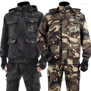 Herrspårar Arbetskläder Autumn Winter Plush Multi Pocket Camouflage Set Thighted Wear-Resistent Warm Labour Protection Clothing