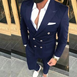 Men's Suits Double Breasted Navy Blue Peaked Lapel Casual Daily Outfits Set 2 Piece Jacket Pants Loose Ropa Hombre Tailor