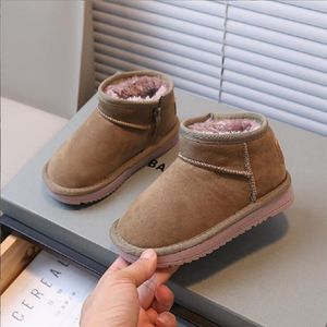 Children's Snow Boots Leather Fur Integrated 2023 Winter Wool Short Boots Boys Girls Versatile Solid Color Cotton Boots Baby 215B