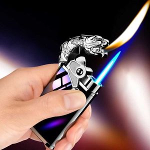 Metal Outdoor Windproof Butane No Gas Lighter Crocodile Dolphin Dual Flame Conversion Torch Turbo Jet Cigar Men's Gadget