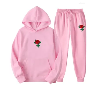 Homens Tracksuits Hoodies Terno Rosa Flor Tracksuit Moletom Fleece Sweat Calças Jogging Homme Pulôver 3XL Feminino Sporting Set