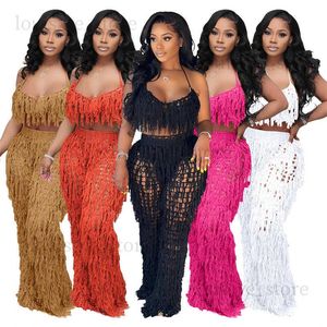 Women's Two Piece Pants Hollow Out Hand Crochet Tassel 2 Piece Sets Women Sexy Summer Beach Suits Lace Up Bra Top Straight Pants Holiday Knitted Outfits T231204