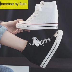 Scarpe eleganti Arrivo Donna 8CM Tacco nascosto Piattaforma Zeppa Tela Outdoor Bianco Nero Moda Ragazze Sneakers A68 231204