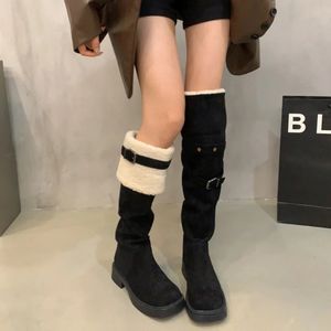 Boot's Long Boots Autumn Winter Fashion Two Wear Belt Buckle Plush Over The Kne Botas Round Head Thick Heel High 231204