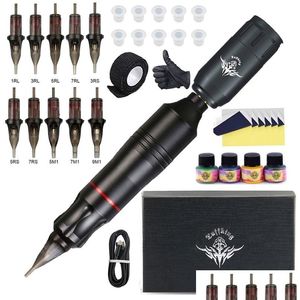 Tätowierpistolen-Kits Kit Professioneller kabelloser Hine-Rotationsstift mit Kartuschennadeln Permanent Make-up-Set für Anfänger 220808 Drop Deliv Dhtuq