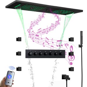Müzik Led Duş Sistemi Tavan Gömülü 36*12 inç Sis Yağmur ve Şelale Duş Başlığı Termostatik Duş Musluk Seti
