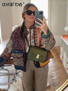 Casacos de Trench das Mulheres Vintage Patchwork Grosso Algodão Jaqueta Mulheres Bolso Solto Manga Longa 2023 Outono Inverno Feminino O-pescoço Senhoras Outwear