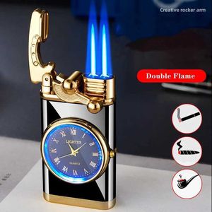 Kreative Uhr Rocker Zündung Doppel Flamme Butan Kein Gas Feuerzeug Metall Outdoor Winddicht Turbine Fackel Blau Jet