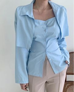 Women's Blouses 2 Piece Set Simple For Women 2023 Blusas Mujer De Moda Long Sleeve Casual Solid Shirts Slim Vest Korean Chic Y2k Blouse