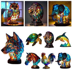 Night Lights Colored Glass Animal Series Table Night Light Resin Retro Table Light Lion Dolphin Wolf Owl Horse Rooster Elephant Home Decor YQ231204