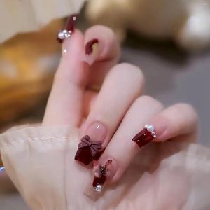 False Nails 2024 Year Red Fake French Nail Women Dark Plum Sauce Flower Decor Resin Artificial