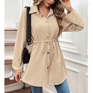 Kvinnors blusar Autumn Elegant Fashion Chic Trendy Shirt Kvinnor Drawstring Solid Color Long Sleeve Wind Down Collar Loose Casure Top