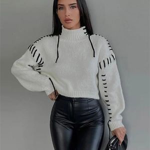 Women's Sweaters Quilted Turtleneck Contrast Cropped Cashmere Sweater Mohair Long Sleeved Knitted Pullover Jumper Winter Warm Sweaterwear 231202