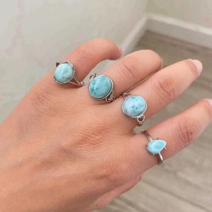 Wedding Rings nature Larimar 925 Sterling silver Ring Adjustable Engagement Rhodium Plated for Woman's Anniversary 231204