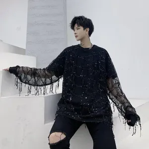 Men's T Shirts Summer Sequin Splicing Mesh Long-sleeved T-shirt Nightclub Niche See-through Thin Fringed Tops Male Clothes