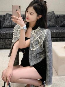 Women's Jackets High Quality Retro Small Fragrant Wind Beaded Diamond Jacket Tweed Large Pearl Stand Collar Short Female Coat