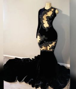 Black Velvet African Evening Occasion Gowns Luxury Crystal Sexy Sheer Mesh Mermaid Prom dresses vestidos de gala mujer